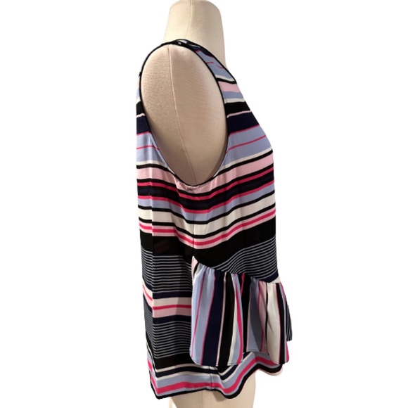 ELLE Top Blouse Stripe Sleeveless Peplum Hem Crewneck Multi-Color Medium - Picture 3 of 10